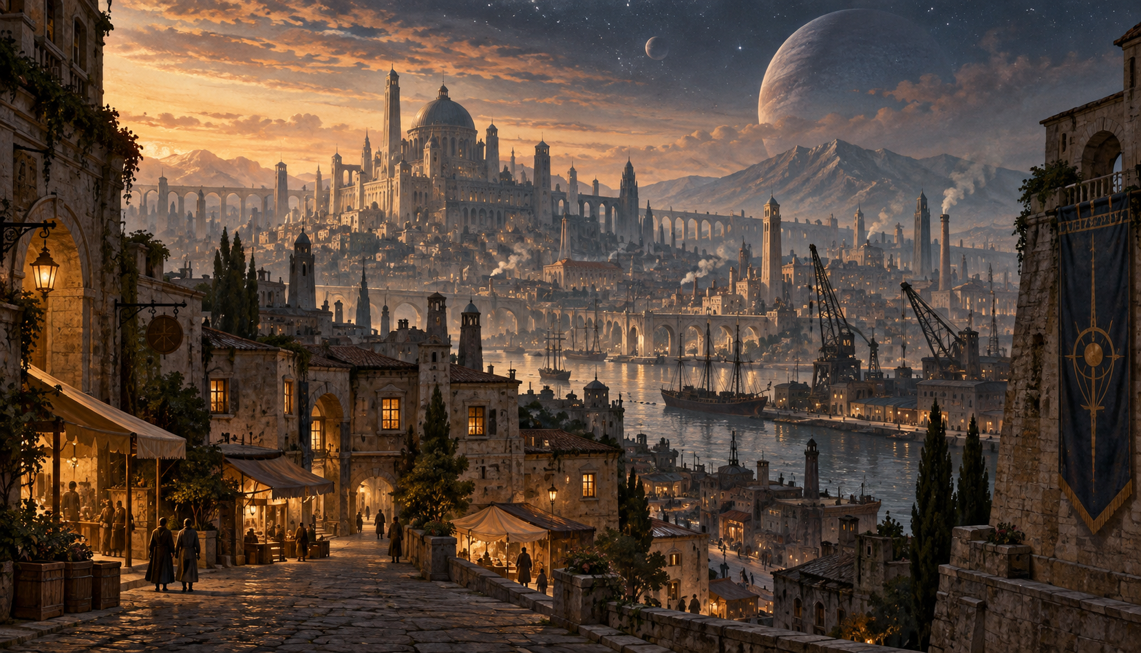 Original mood illustration for Civilization: lights and ordinary lives within a vast city.