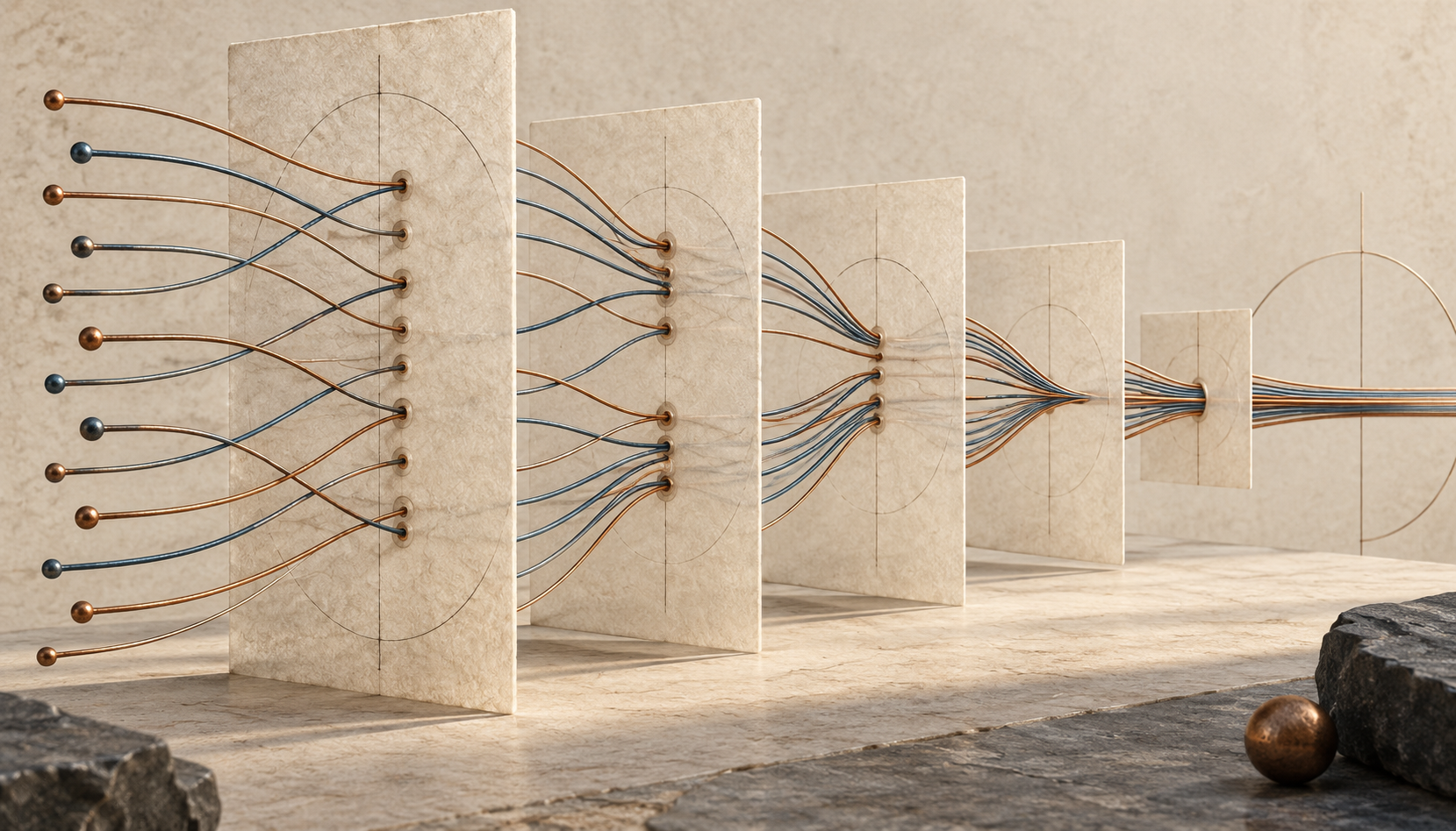 Original initialization and signal-propagation concept illustration: filaments passing through layered channels.