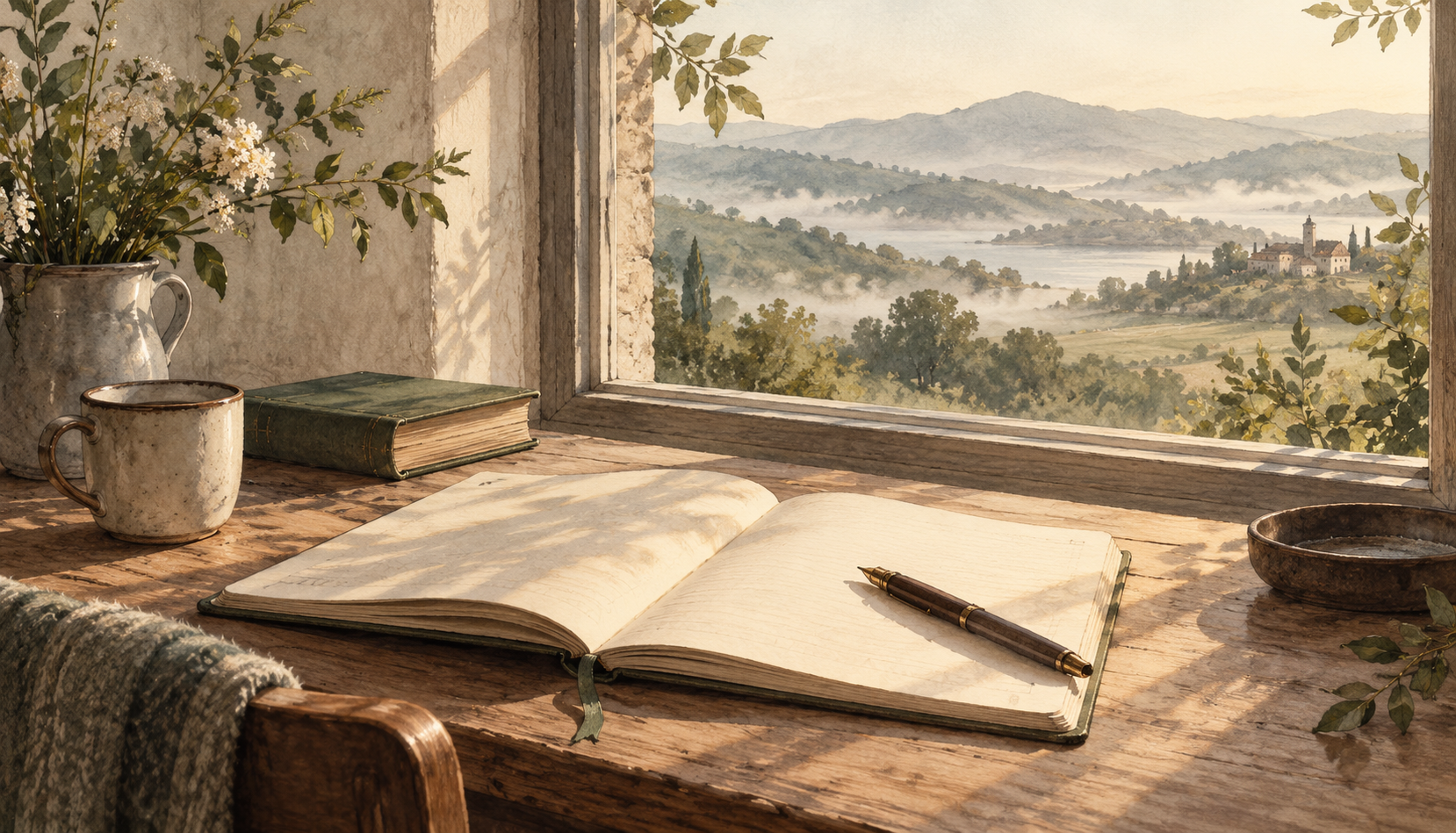 Original mood illustration for Qingshan: a notebook beside a window and distant green hills.
