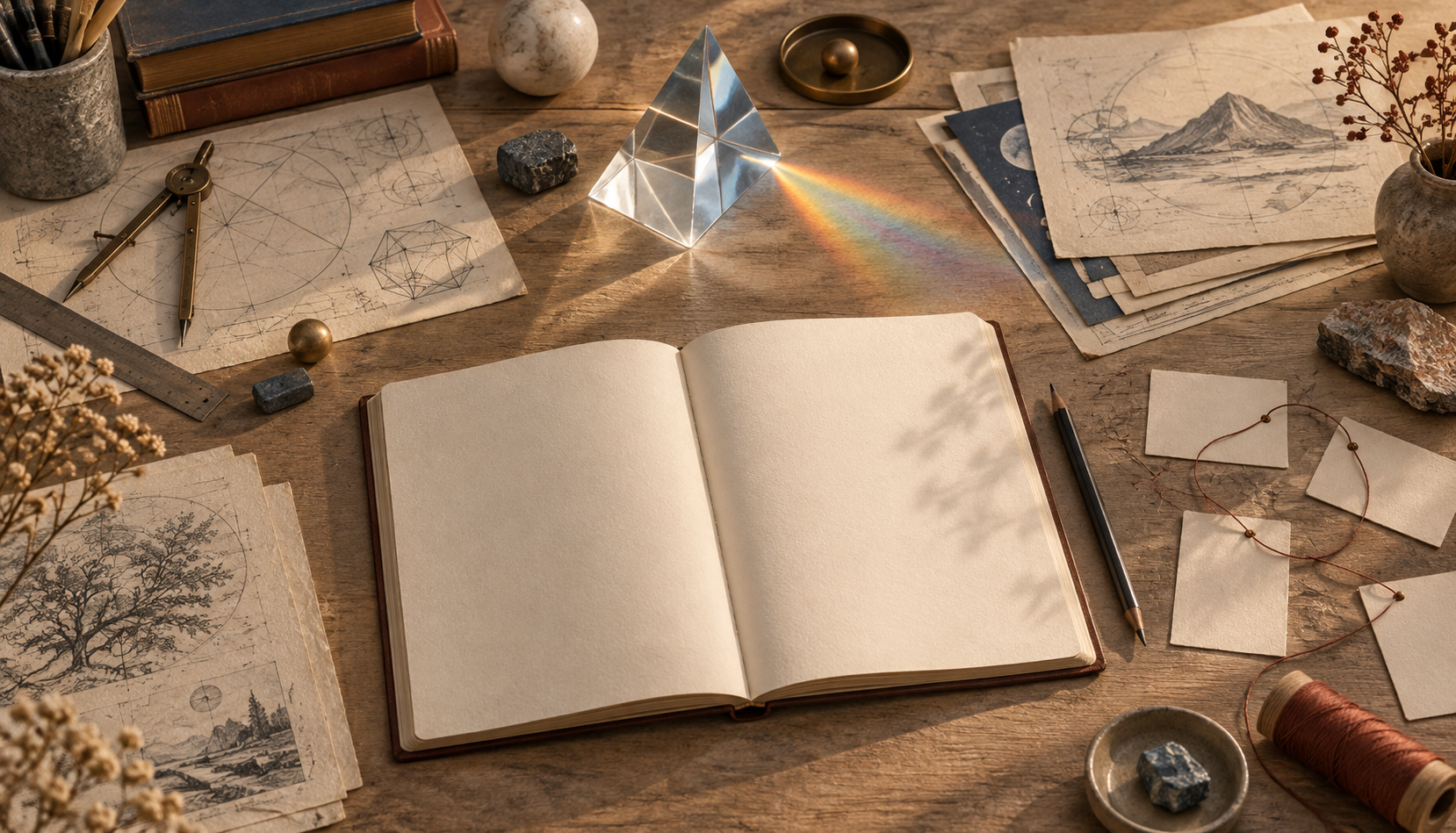 Original teaching concept illustration: notebooks, reading and tools for observation.