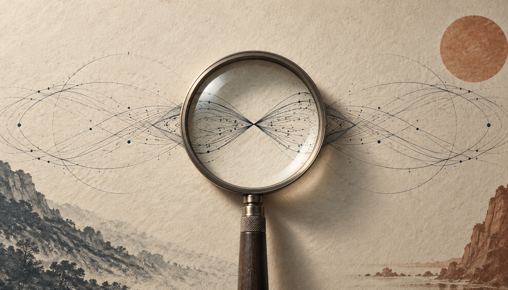 Original label–trajectory channel concept illustration: an observational lens and mirrored paths.