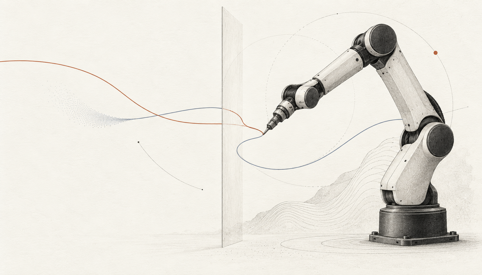 Original conceptual artwork of a robot, an action trajectory and a validation boundary